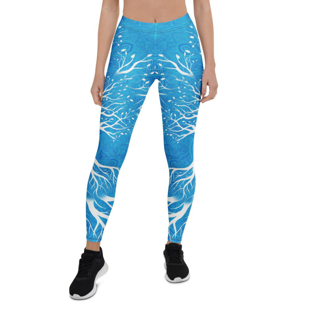 Personalisierte Sportleggings Damen Lebensbaum Mandala Muster Blau Weiß Yoga Fitness Leggings K738