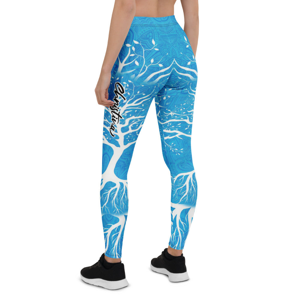Personalisierte Sportleggings Damen Lebensbaum Mandala Muster Blau Weiß Yoga Fitness Leggings K738