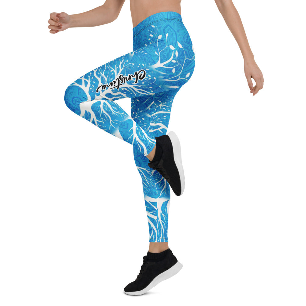 Personalisierte Sportleggings Damen Lebensbaum Mandala Muster Blau Weiß Yoga Fitness Leggings K738