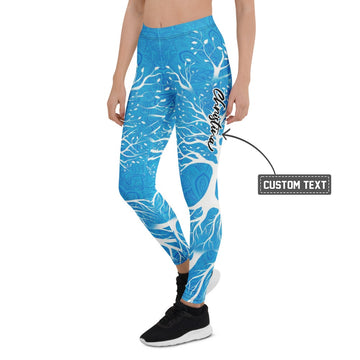 Personalisierte Sportleggings Damen Lebensbaum Mandala Muster Blau Weiß Yoga Fitness Leggings K738 - XL