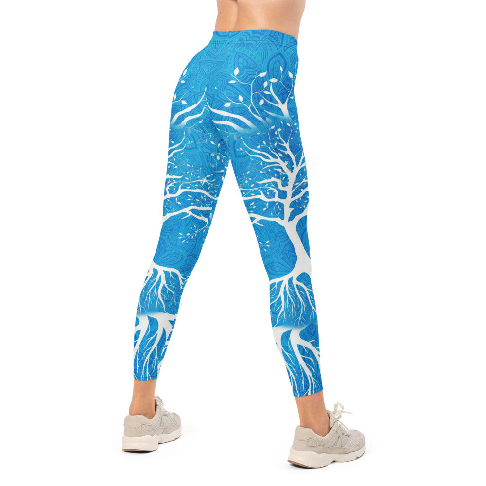 Personalisierte Sportleggings Damen Lebensbaum Mandala Muster Blau Weiß Yoga Fitness Leggings K738