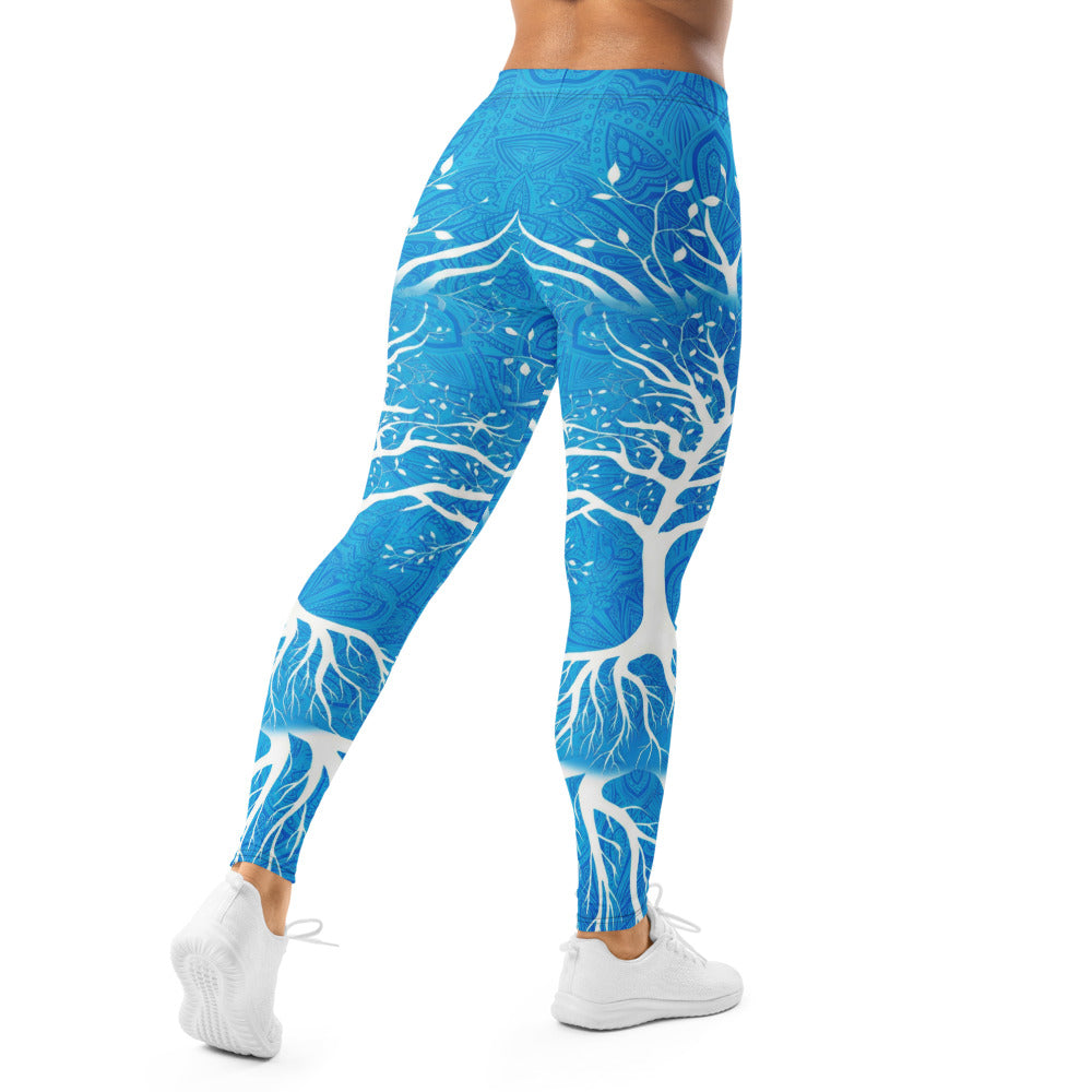 Personalisierte Sportleggings Damen Lebensbaum Mandala Muster Blau Weiß Yoga Fitness Leggings K738