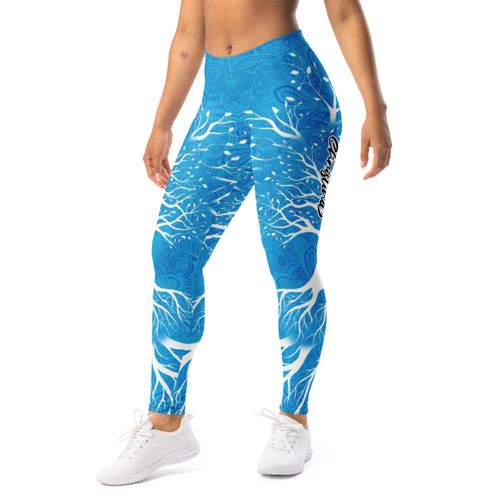 Personalisierte Sportleggings Damen Lebensbaum Mandala Muster Blau Weiß Yoga Fitness Leggings K738