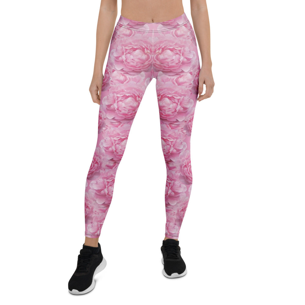 Personalisierte Damen Sportleggings Pfingstrosen Design Rosa Blumenmuster Fitness Yoga Leggings L934