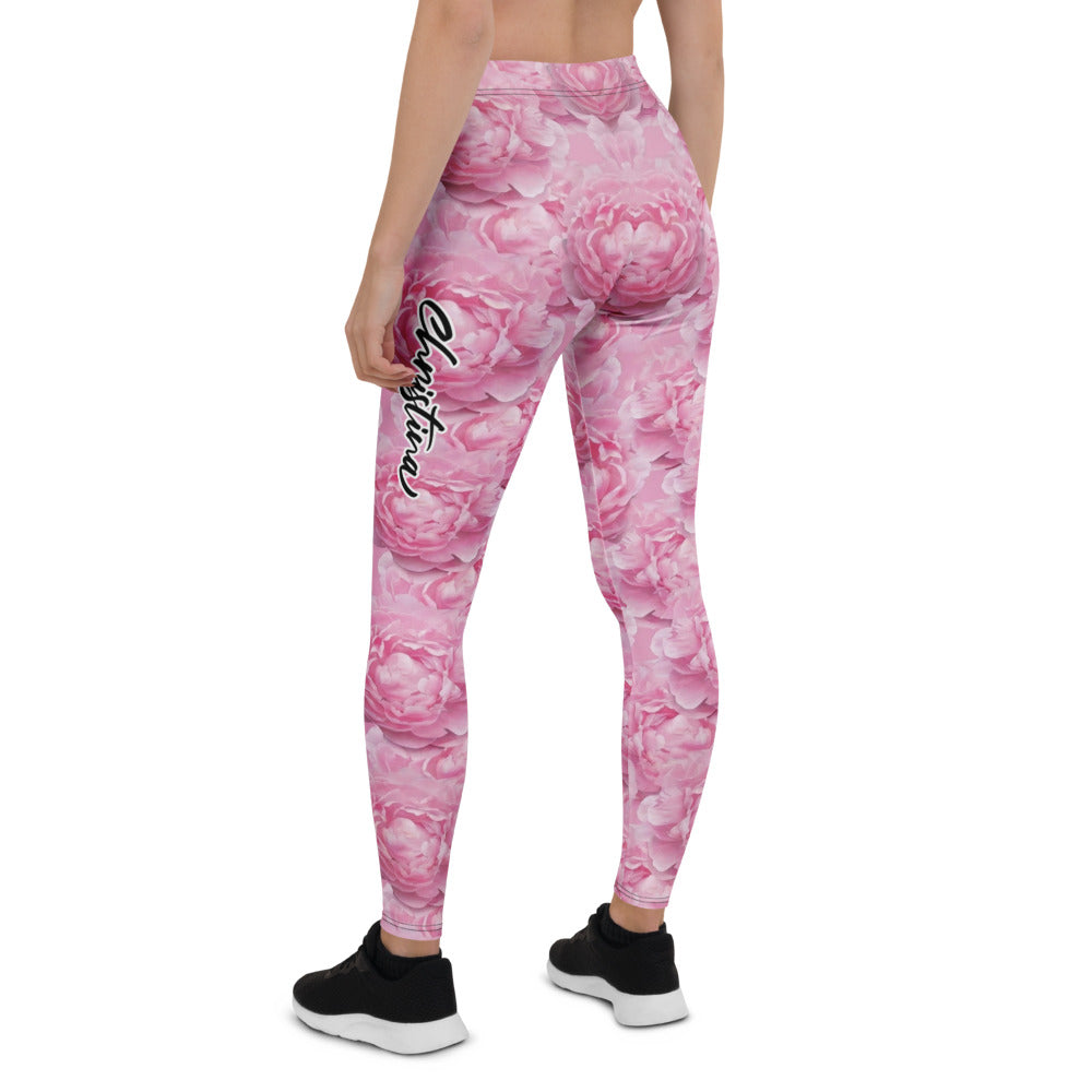 Personalisierte Damen Sportleggings Pfingstrosen Design Rosa Blumenmuster Fitness Yoga Leggings L934