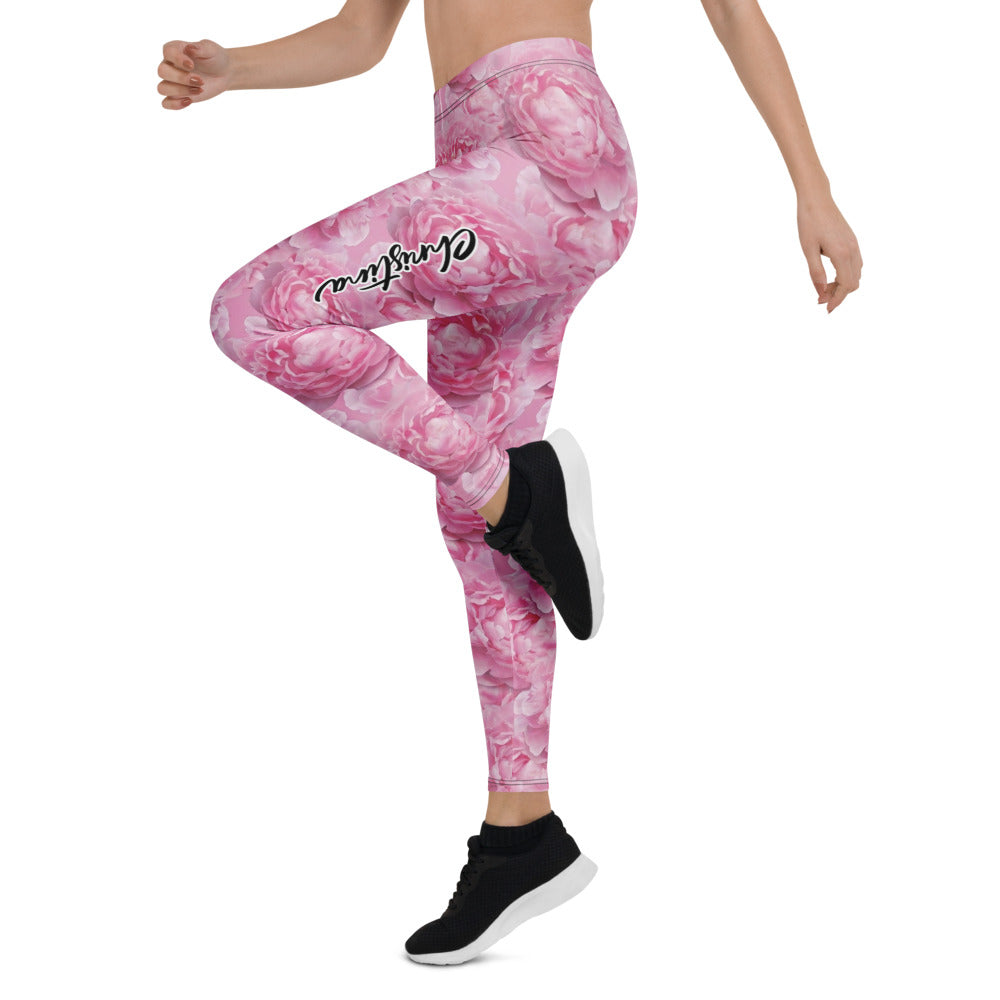 Personalisierte Damen Sportleggings Pfingstrosen Design Rosa Blumenmuster Fitness Yoga Leggings L934