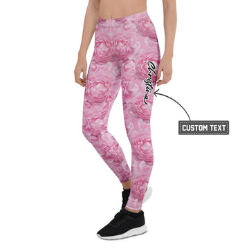 Personalisierte Damen Sportleggings Pfingstrosen Design Rosa Blumenmuster Fitness Yoga Leggings L934 - XL