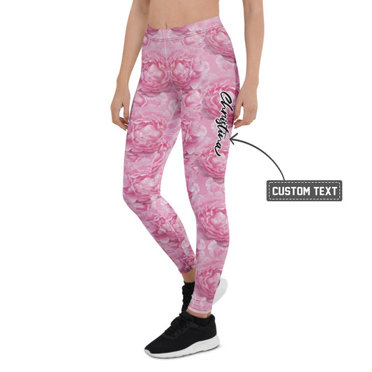 Personalisierte Damen Sportleggings Pfingstrosen Design Rosa Blumenmuster Fitness Yoga Leggings L934 - XL