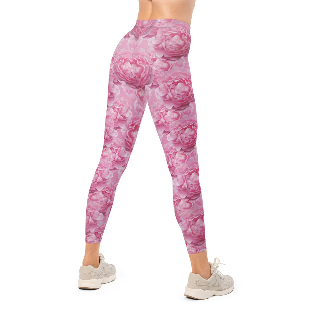 Personalisierte Damen Sportleggings Pfingstrosen Design Rosa Blumenmuster Fitness Yoga Leggings L934