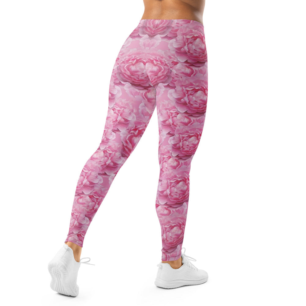 Personalisierte Damen Sportleggings Pfingstrosen Design Rosa Blumenmuster Fitness Yoga Leggings L934