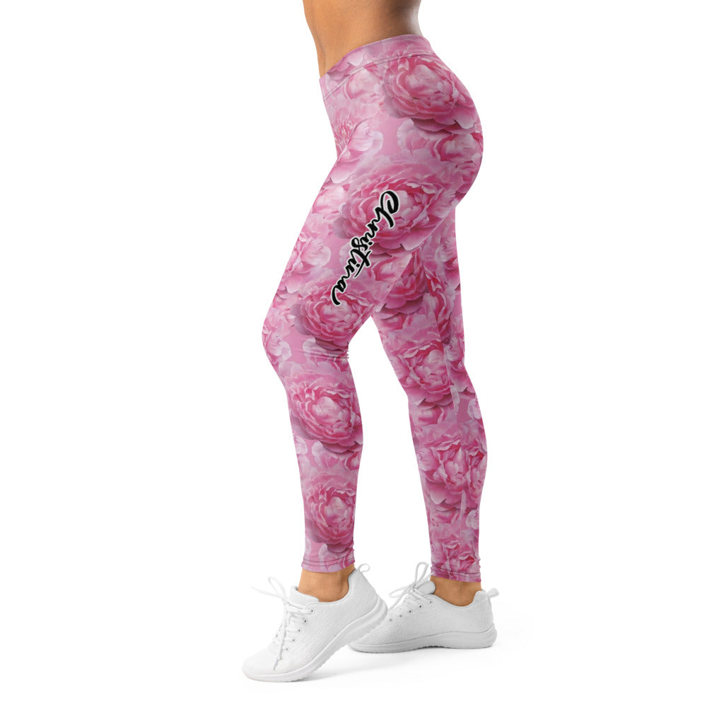 Personalisierte Damen Sportleggings Pfingstrosen Design Rosa Blumenmuster Fitness Yoga Leggings L934