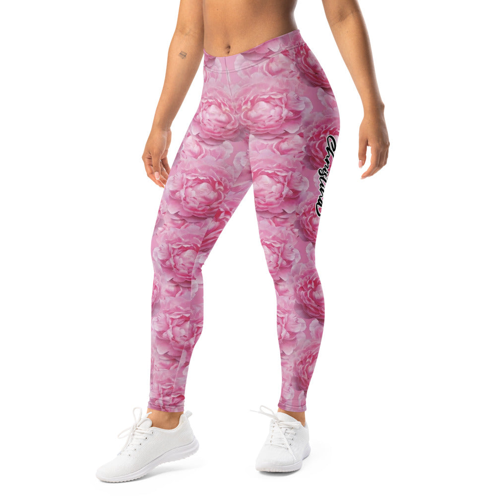 Personalisierte Damen Sportleggings Pfingstrosen Design Rosa Blumenmuster Fitness Yoga Leggings L934