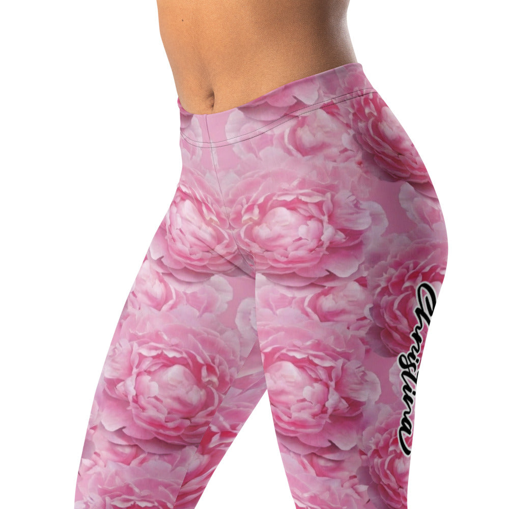 Personalisierte Damen Sportleggings Pfingstrosen Design Rosa Blumenmuster Fitness Yoga Leggings L934