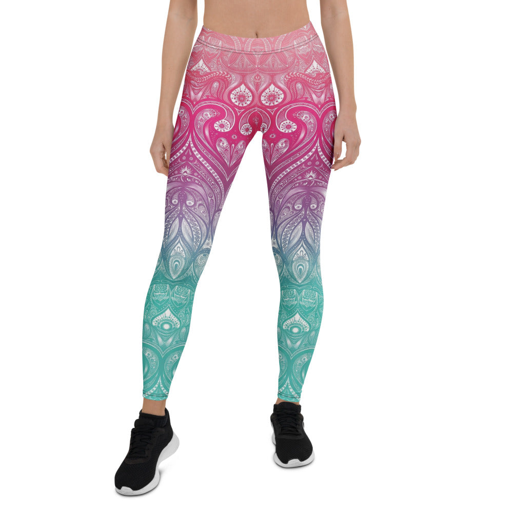 Personalisierte Damen Sportleggings Mandala Muster Pink Lila Türkis Farbverlauf Yoga Fitnesshose I984
