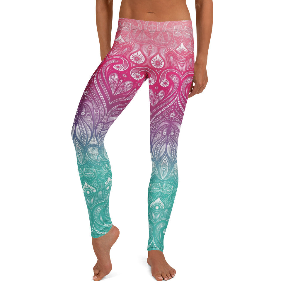 Personalisierte Damen Sportleggings Mandala Muster Pink Lila Türkis Farbverlauf Yoga Fitnesshose I984