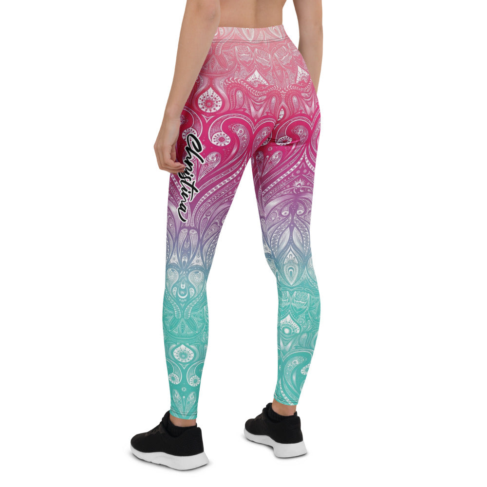 Personalisierte Damen Sportleggings Mandala Muster Pink Lila Türkis Farbverlauf Yoga Fitnesshose I984