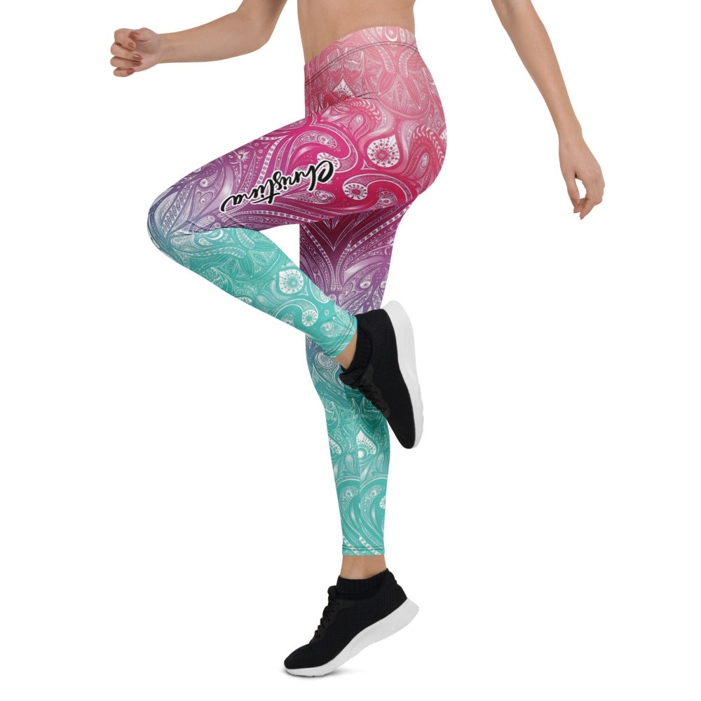 Personalisierte Damen Sportleggings Mandala Muster Pink Lila Türkis Farbverlauf Yoga Fitnesshose I984