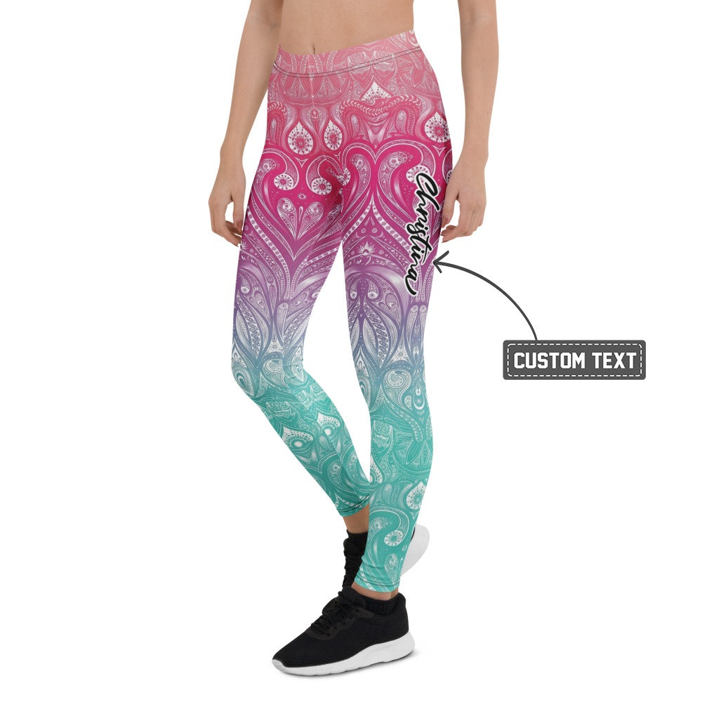 Personalisierte Damen Sportleggings Mandala Muster Pink Lila Türkis Farbverlauf Yoga Fitnesshose I984 - XL