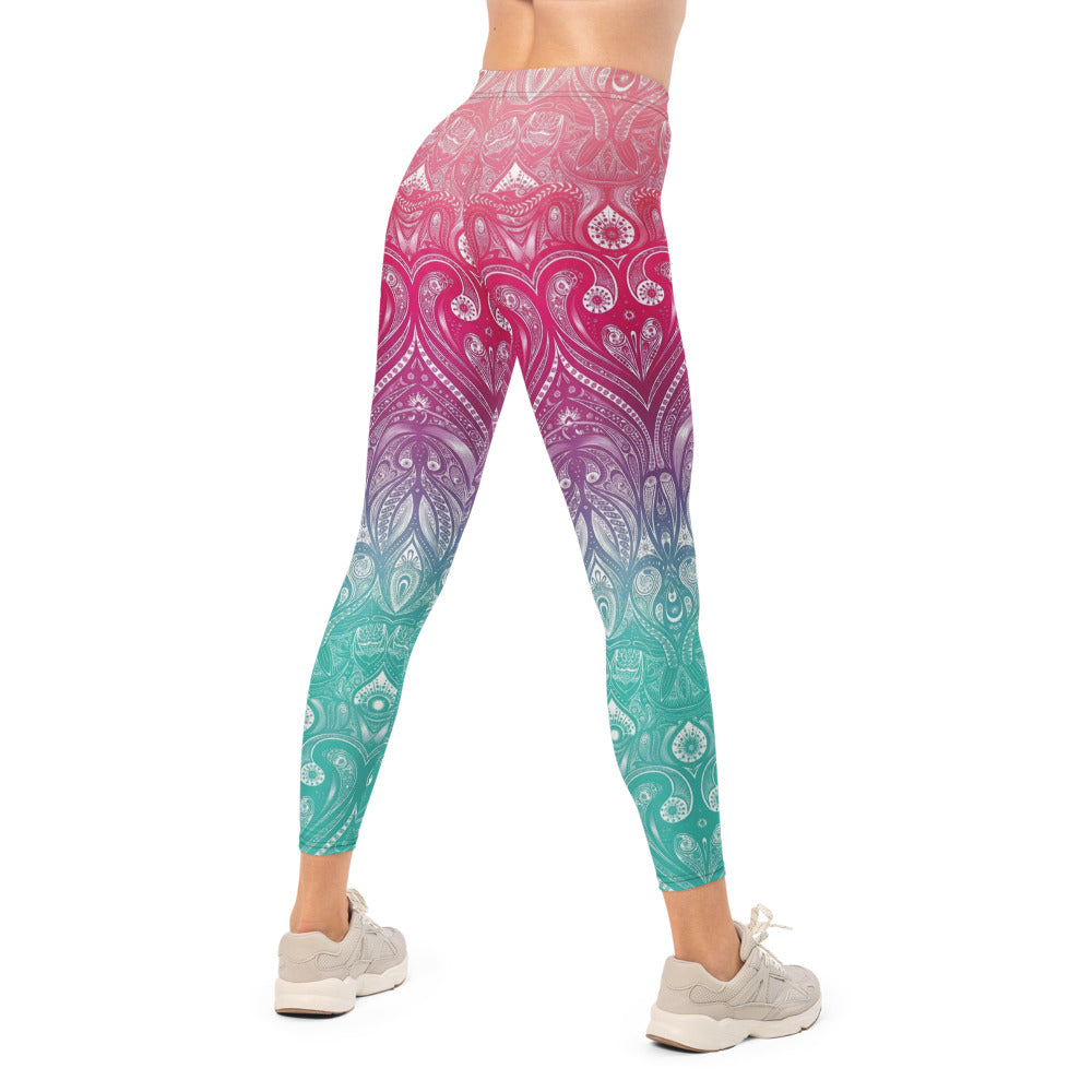Personalisierte Damen Sportleggings Mandala Muster Pink Lila Türkis Farbverlauf Yoga Fitnesshose I984