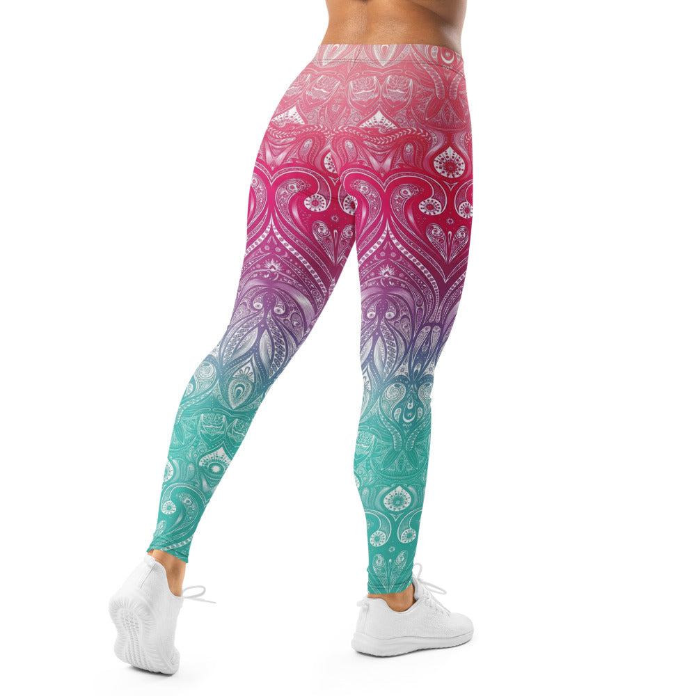 Personalisierte Damen Sportleggings Mandala Muster Pink Lila Türkis Farbverlauf Yoga Fitnesshose I984