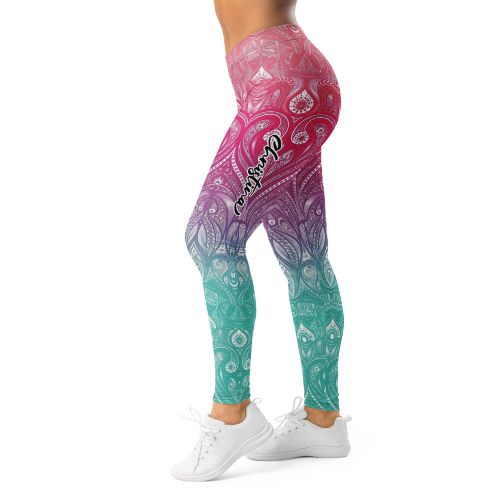 Personalisierte Damen Sportleggings Mandala Muster Pink Lila Türkis Farbverlauf Yoga Fitnesshose I984