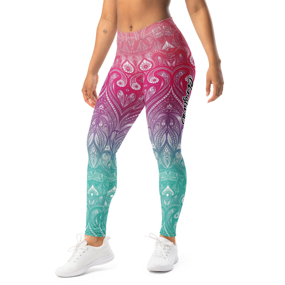 Personalisierte Damen Sportleggings Mandala Muster Pink Lila Türkis Farbverlauf Yoga Fitnesshose I984