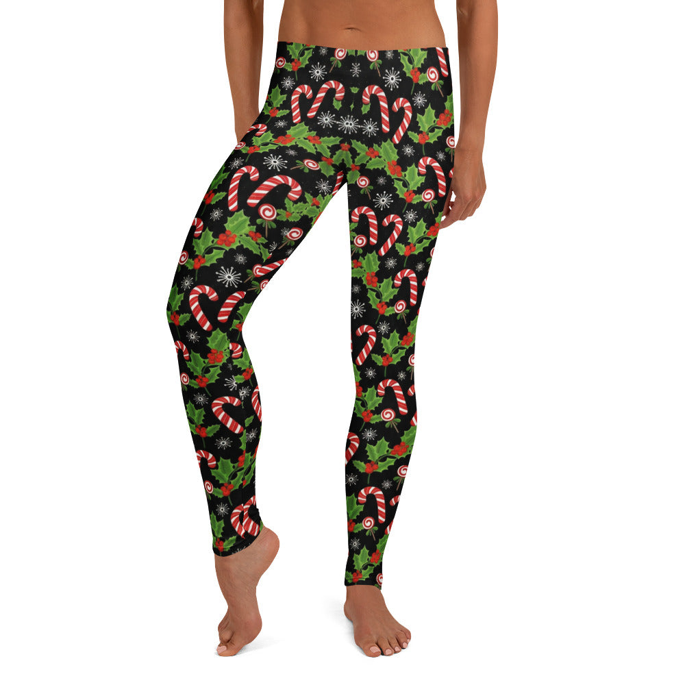 Personalisierte Damen Sportleggings Weihnachten Zuckerstangen Muster Schwarz Fitness Yoga Leggings K882
