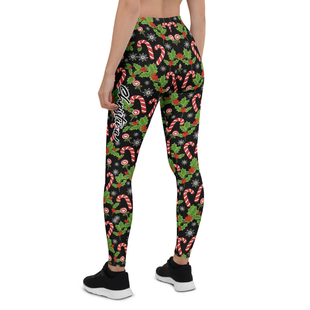 Personalisierte Damen Sportleggings Weihnachten Zuckerstangen Muster Schwarz Fitness Yoga Leggings K882