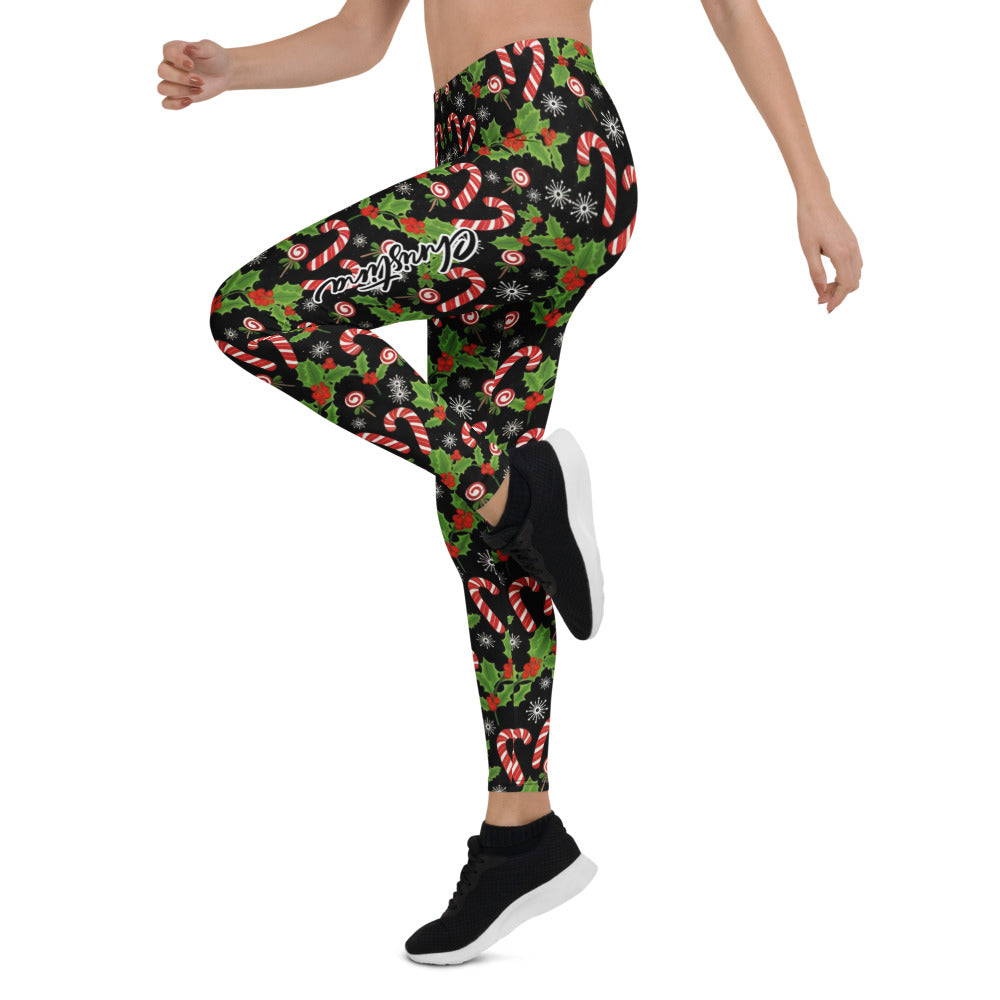 Personalisierte Damen Sportleggings Weihnachten Zuckerstangen Muster Schwarz Fitness Yoga Leggings K882