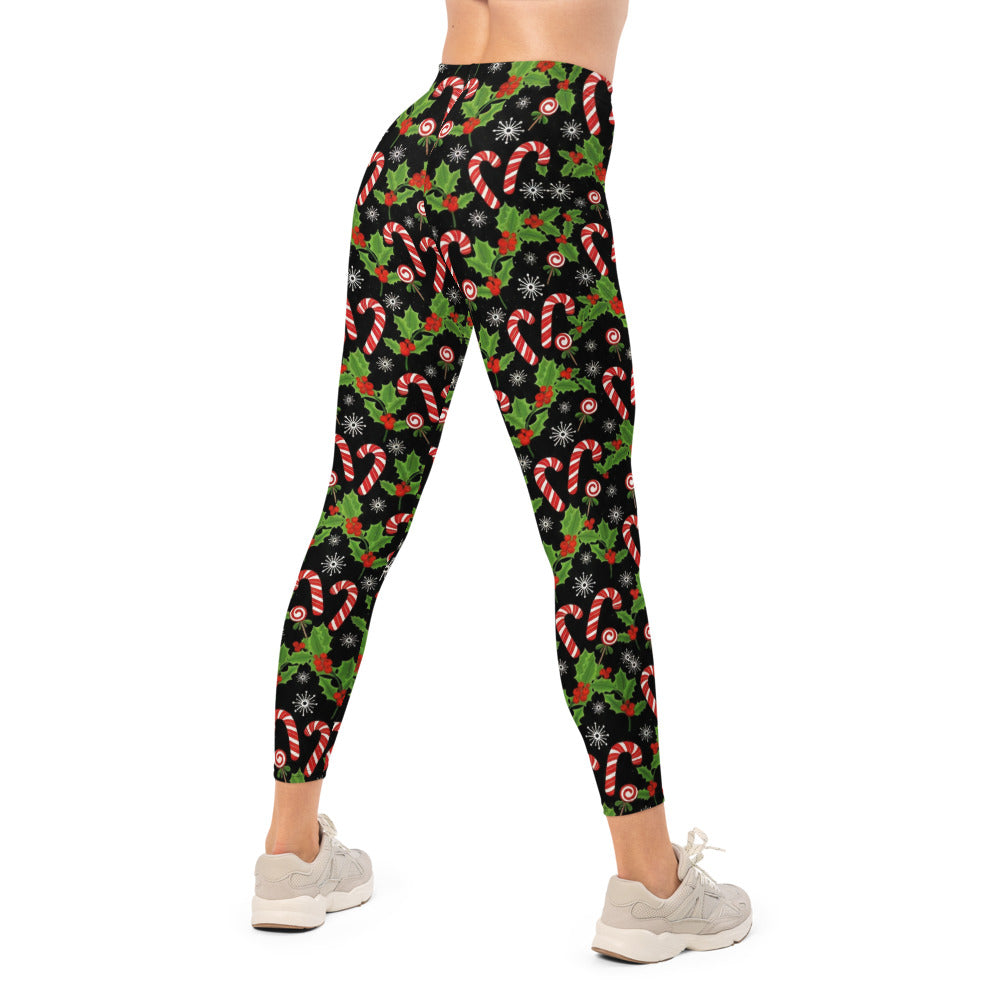 Personalisierte Damen Sportleggings Weihnachten Zuckerstangen Muster Schwarz Fitness Yoga Leggings K882