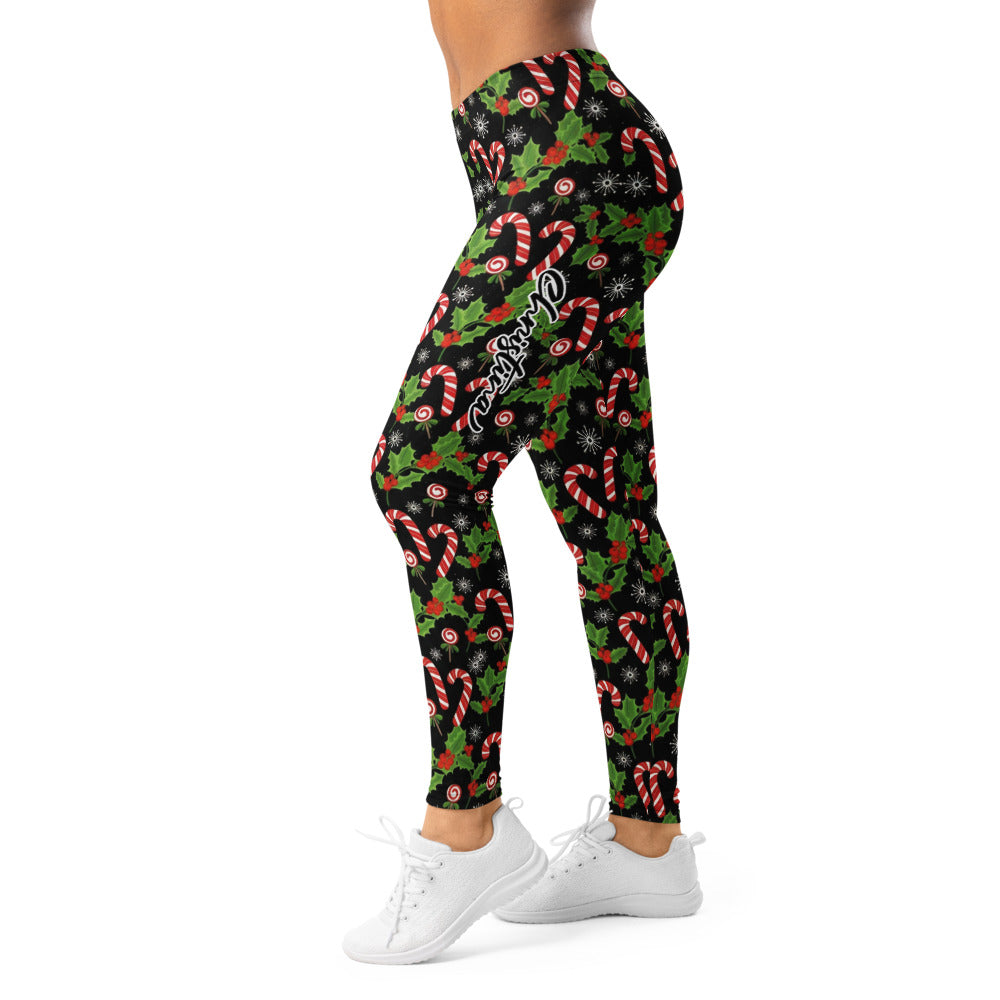 Personalisierte Damen Sportleggings Weihnachten Zuckerstangen Muster Schwarz Fitness Yoga Leggings K882