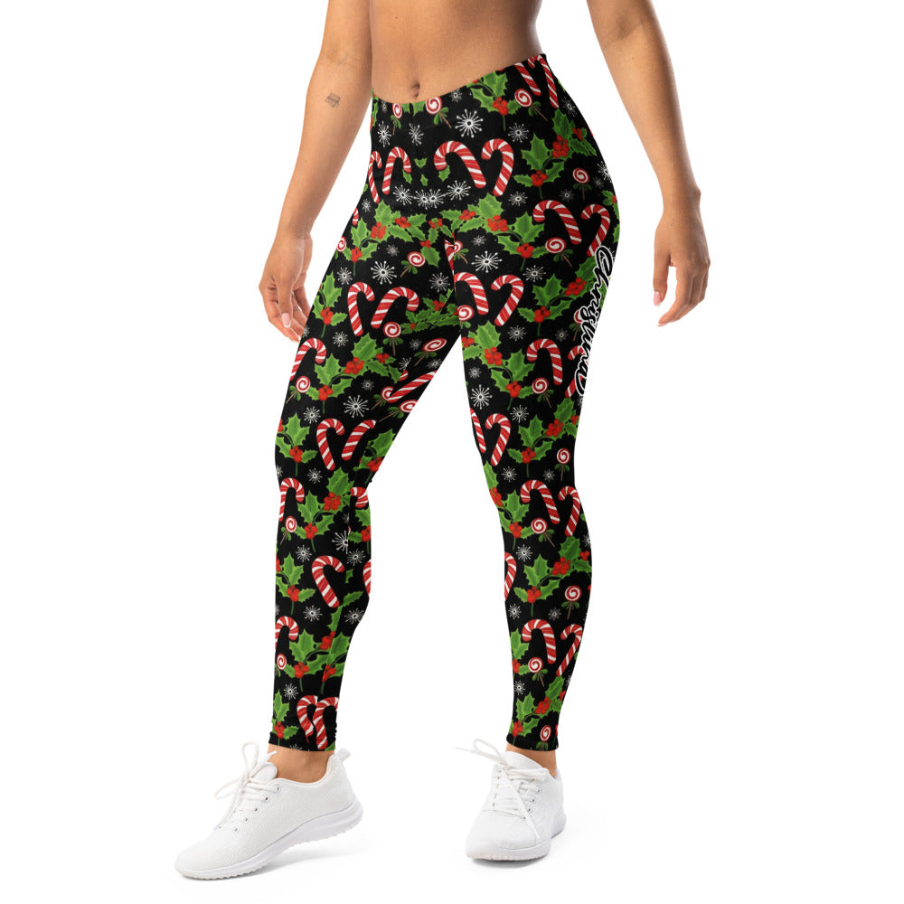 Personalisierte Damen Sportleggings Weihnachten Zuckerstangen Muster Schwarz Fitness Yoga Leggings K882