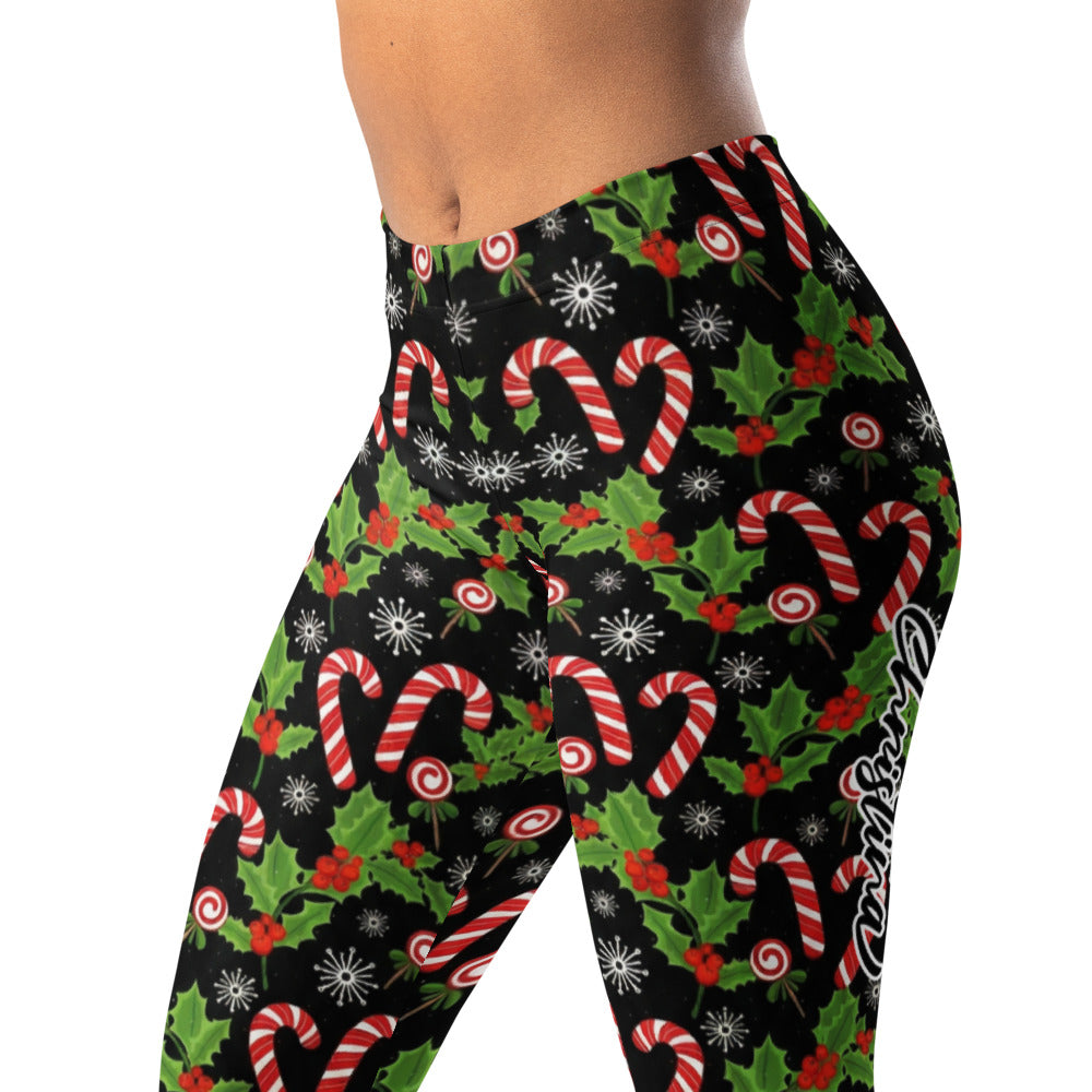 Personalisierte Damen Sportleggings Weihnachten Zuckerstangen Muster Schwarz Fitness Yoga Leggings K882