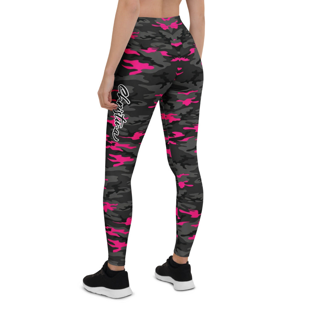 Personalisierte Damen Sportleggings Camouflage Schwarz Pink Fitness Leggings Tarnmuster Yoga Hose J825