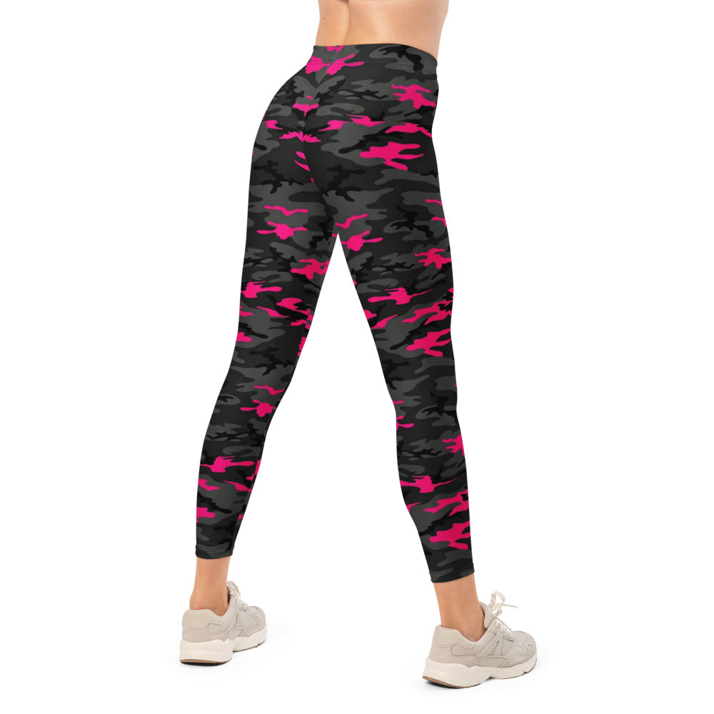 Personalisierte Damen Sportleggings Camouflage Schwarz Pink Fitness Leggings Tarnmuster Yoga Hose J825