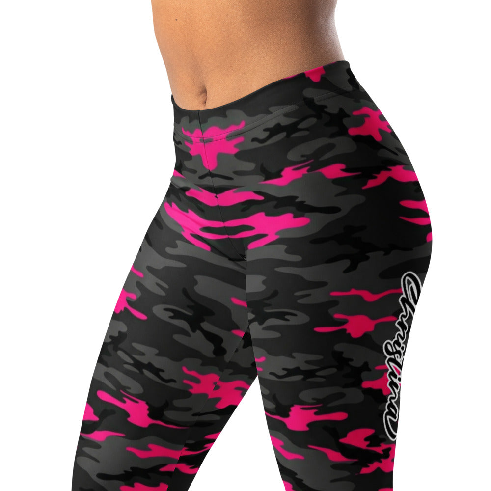 Personalisierte Damen Sportleggings Camouflage Schwarz Pink Fitness Leggings Tarnmuster Yoga Hose J825