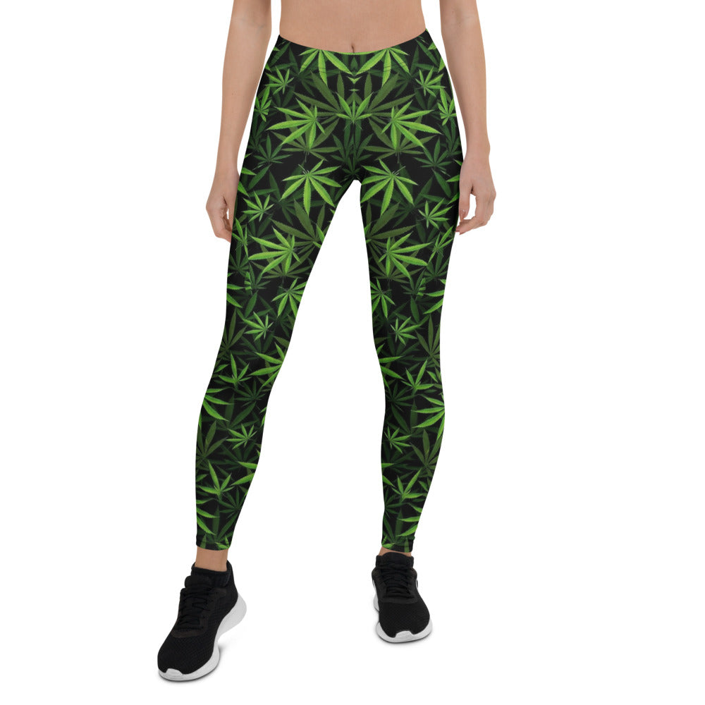 Personalisierte Damen Sportleggings Hanfblatt Muster Schwarz Grün Fitness Yoga Leggings S349