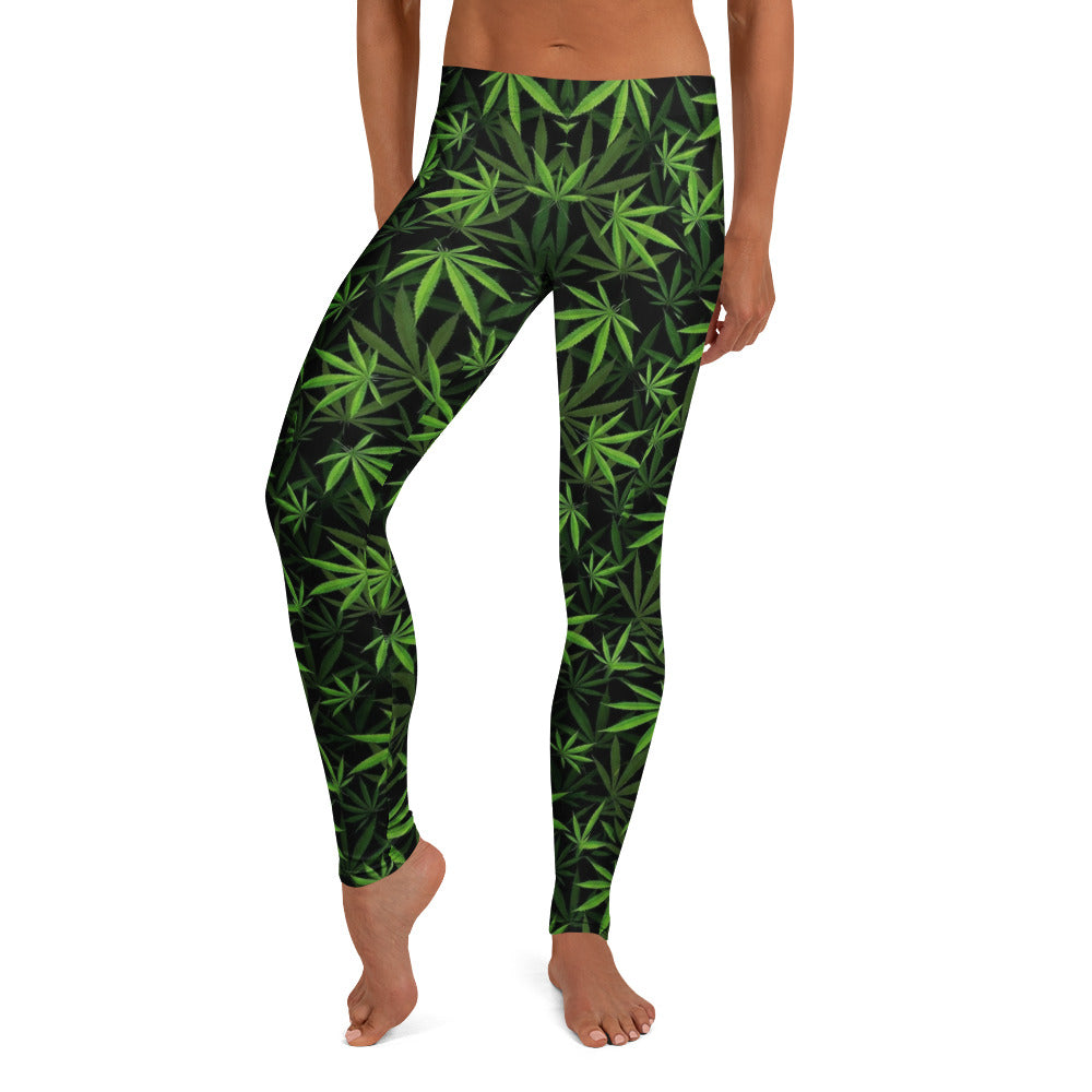 Personalisierte Damen Sportleggings Hanfblatt Muster Schwarz Grün Fitness Yoga Leggings S349