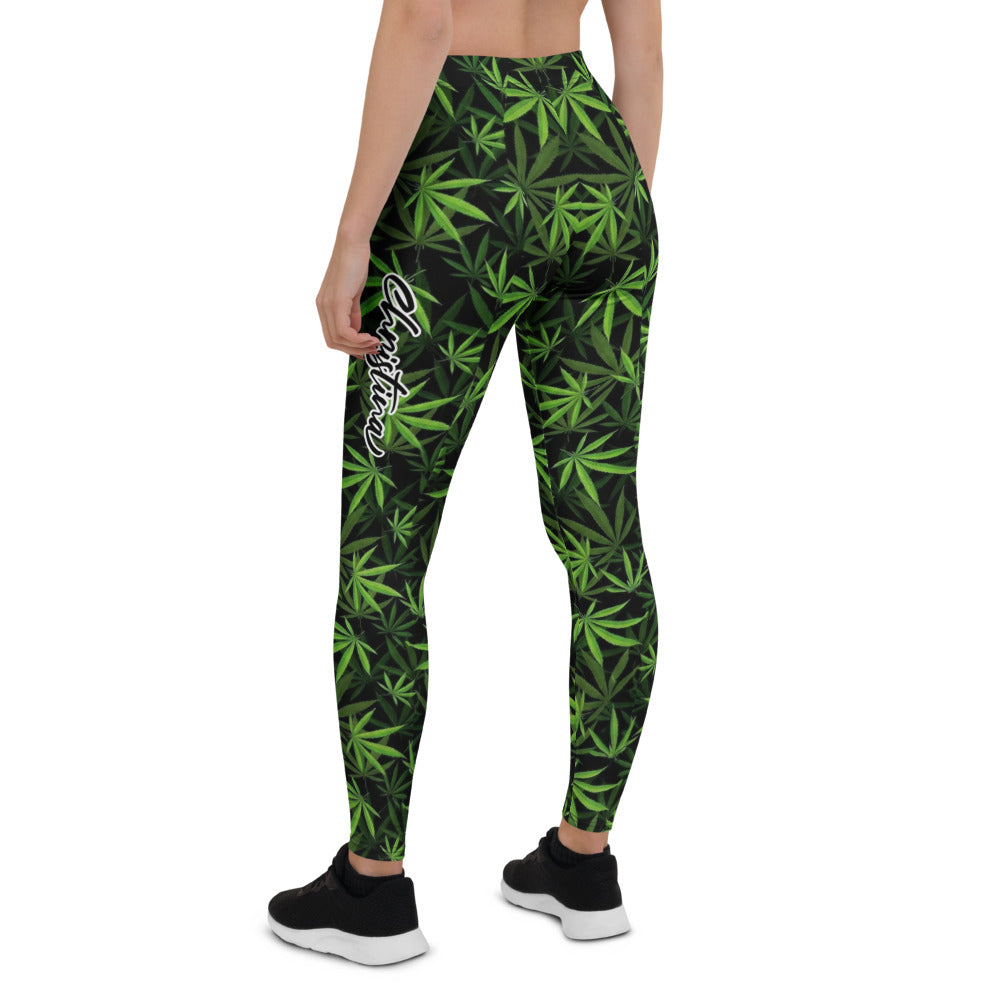Personalisierte Damen Sportleggings Hanfblatt Muster Schwarz Grün Fitness Yoga Leggings S349