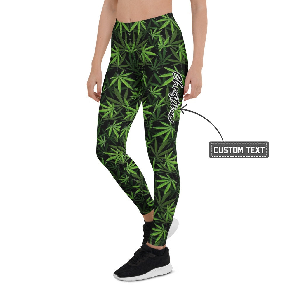 Personalisierte Damen Sportleggings Hanfblatt Muster Schwarz Grün Fitness Yoga Leggings S349 - XL
