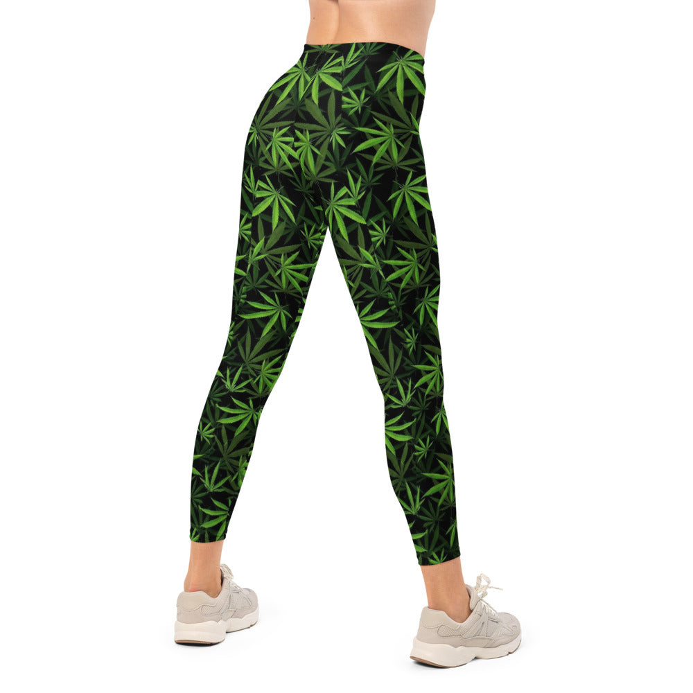 Personalisierte Damen Sportleggings Hanfblatt Muster Schwarz Grün Fitness Yoga Leggings S349