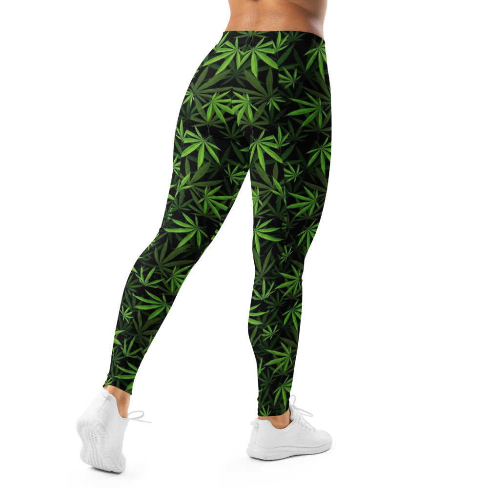 Personalisierte Damen Sportleggings Hanfblatt Muster Schwarz Grün Fitness Yoga Leggings S349
