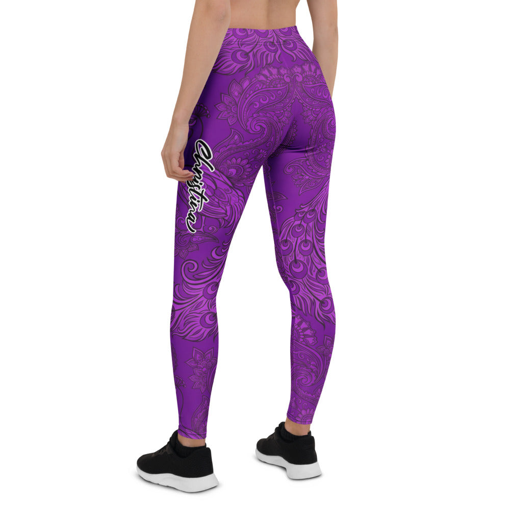 Personalisierte Damen Sportleggings Paisley Muster Lila Fitness Leggings Yoga Tights mit Ornament Design E155