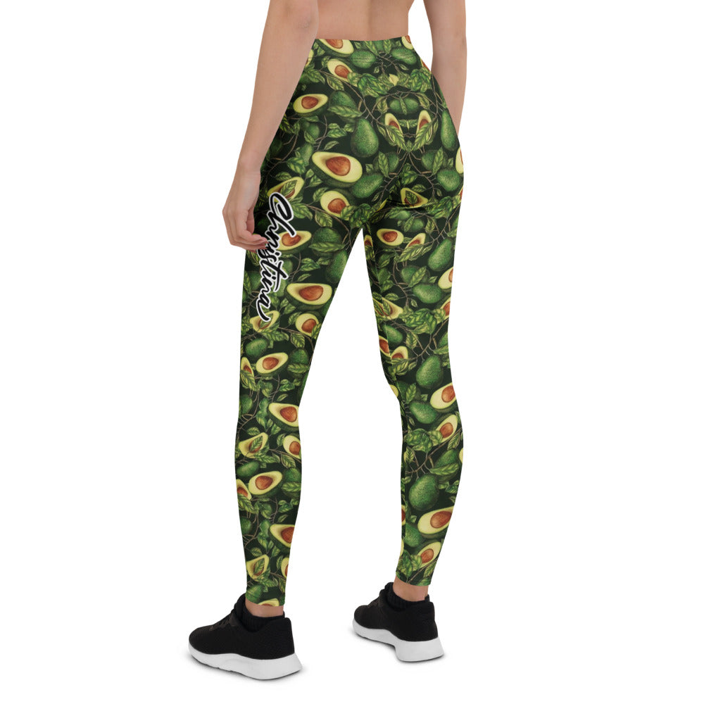 Personalisierte Damen Sportleggings Avocado Muster Dunkelgrün Fitness Leggings Yoga Hose E295