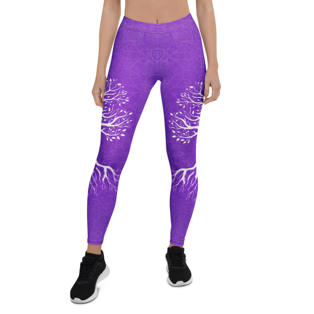 Personalisierte Yoga Leggings Damen Lila Lebensbaum Design Mandala Muster Sport Fitnesshose Q596