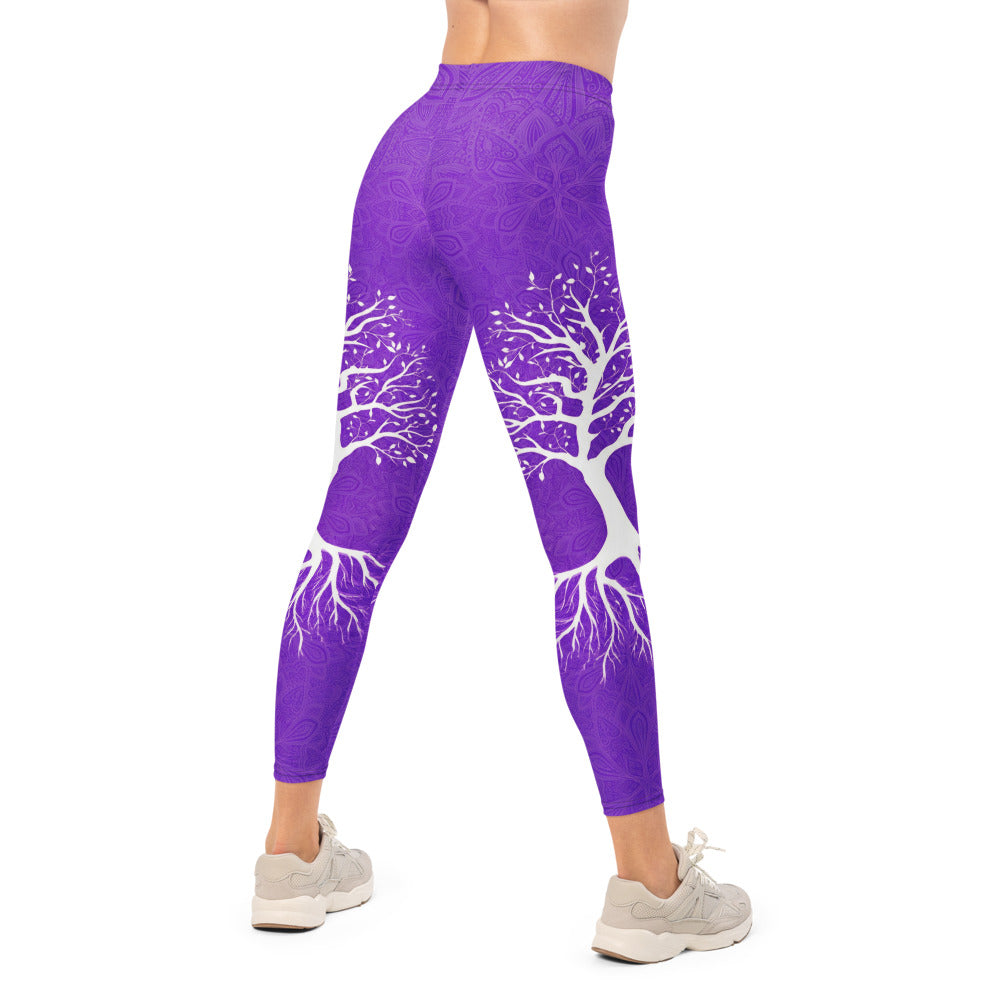 Personalisierte Yoga Leggings Damen Lila Lebensbaum Design Mandala Muster Sport Fitnesshose Q596
