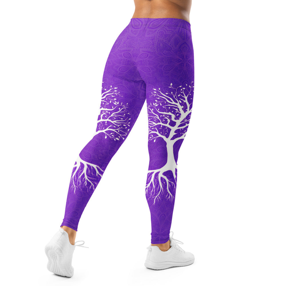 Personalisierte Yoga Leggings Damen Lila Lebensbaum Design Mandala Muster Sport Fitnesshose Q596