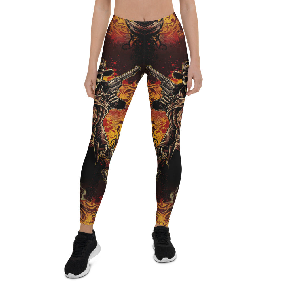 Personalisierte Damen Sportleggings Cowboy Totenkopf Design Revolver Feuer Schwarz Rot Fitness Leggings M525
