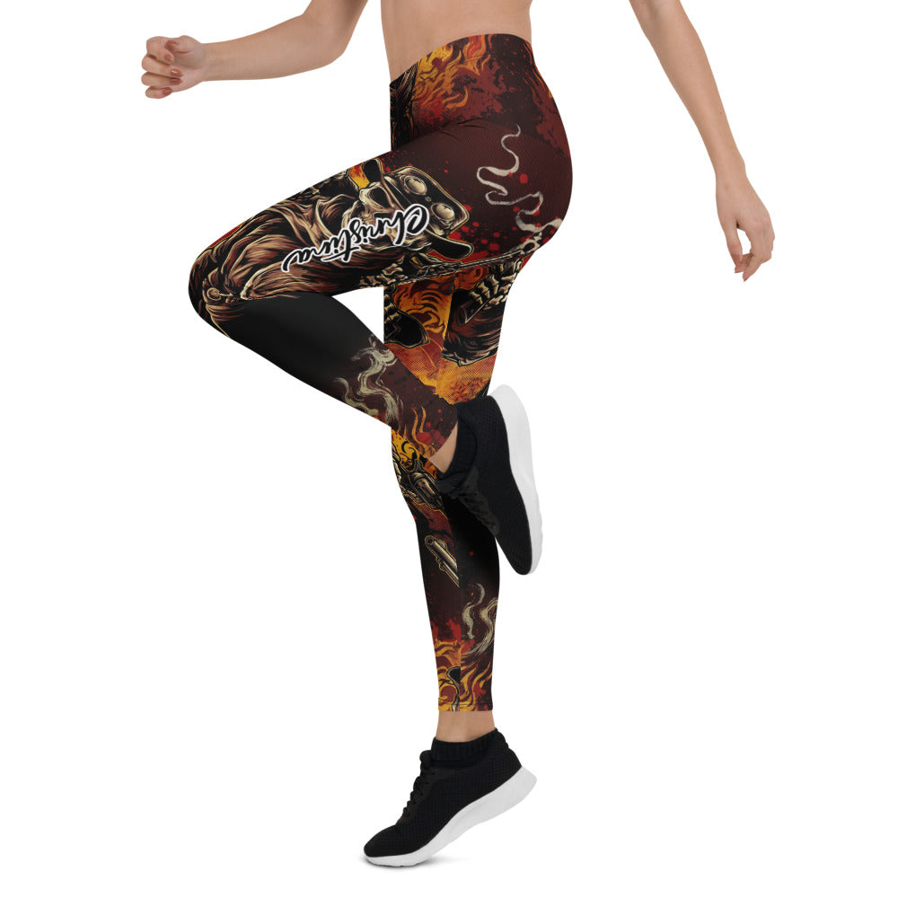 Personalisierte Damen Sportleggings Cowboy Totenkopf Design Revolver Feuer Schwarz Rot Fitness Leggings M525