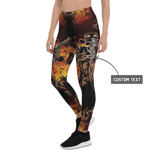 Personalisierte Damen Sportleggings Cowboy Totenkopf Design Revolver Feuer Schwarz Rot Fitness Leggings M525 - XL